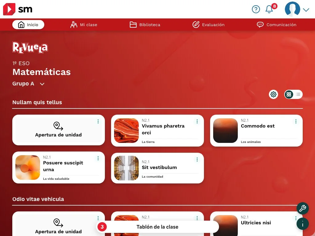 Unidad de Matemáticas de Revuela con sus actividades en tarjetas sobre fondo rojo.