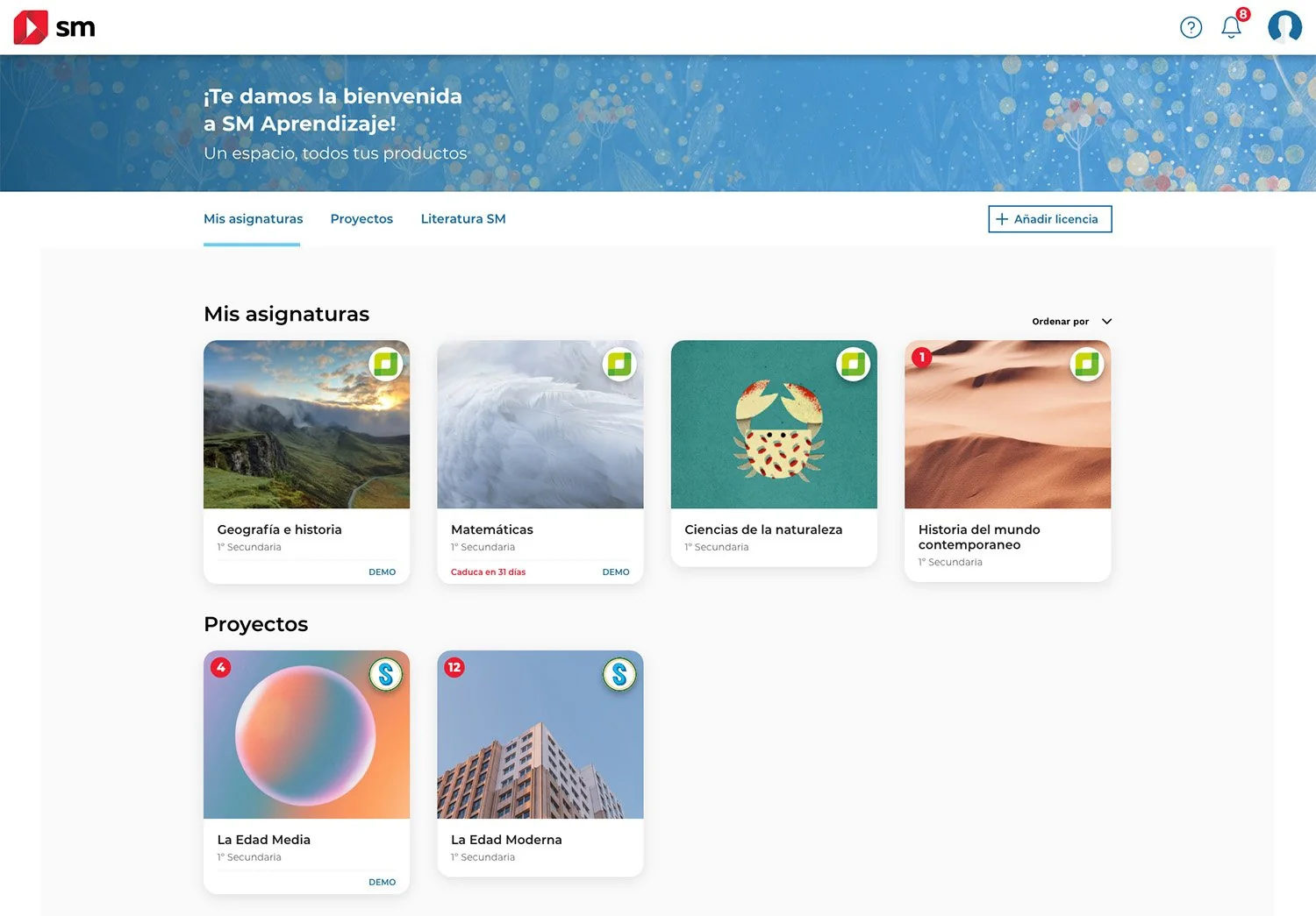 Inicio de SM Aprendizaje en escritorio con las asignaturas del usuario en tarjetas y sus proyectos.