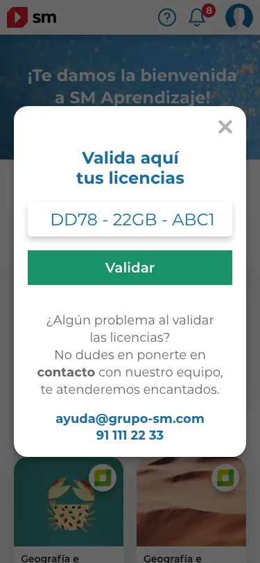 Validación de licencias en móvil con el campo para introducir el código.