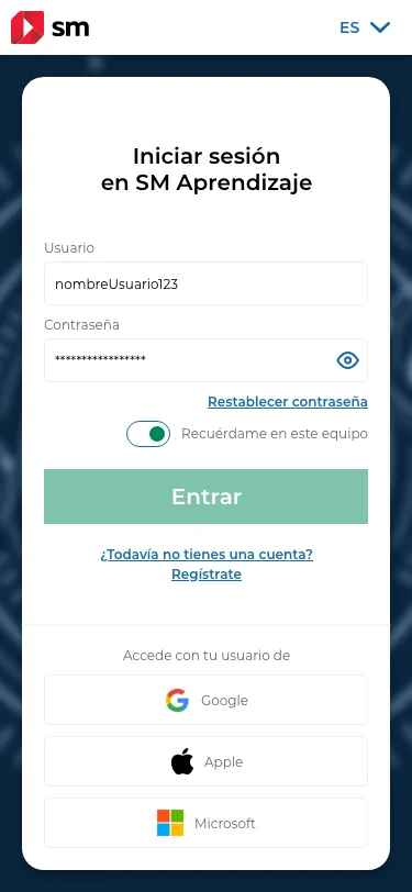 Inicio de sesión en móvil.
